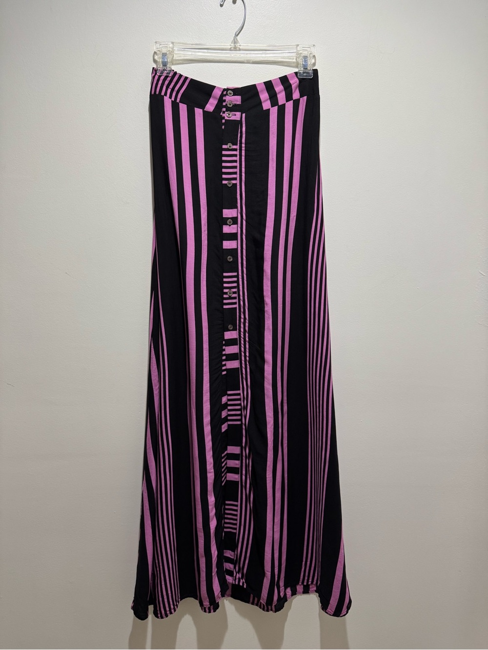 Maaji Pink Black Striped Button Front Maxi Skirt Size Medium - Picture 2 of 11